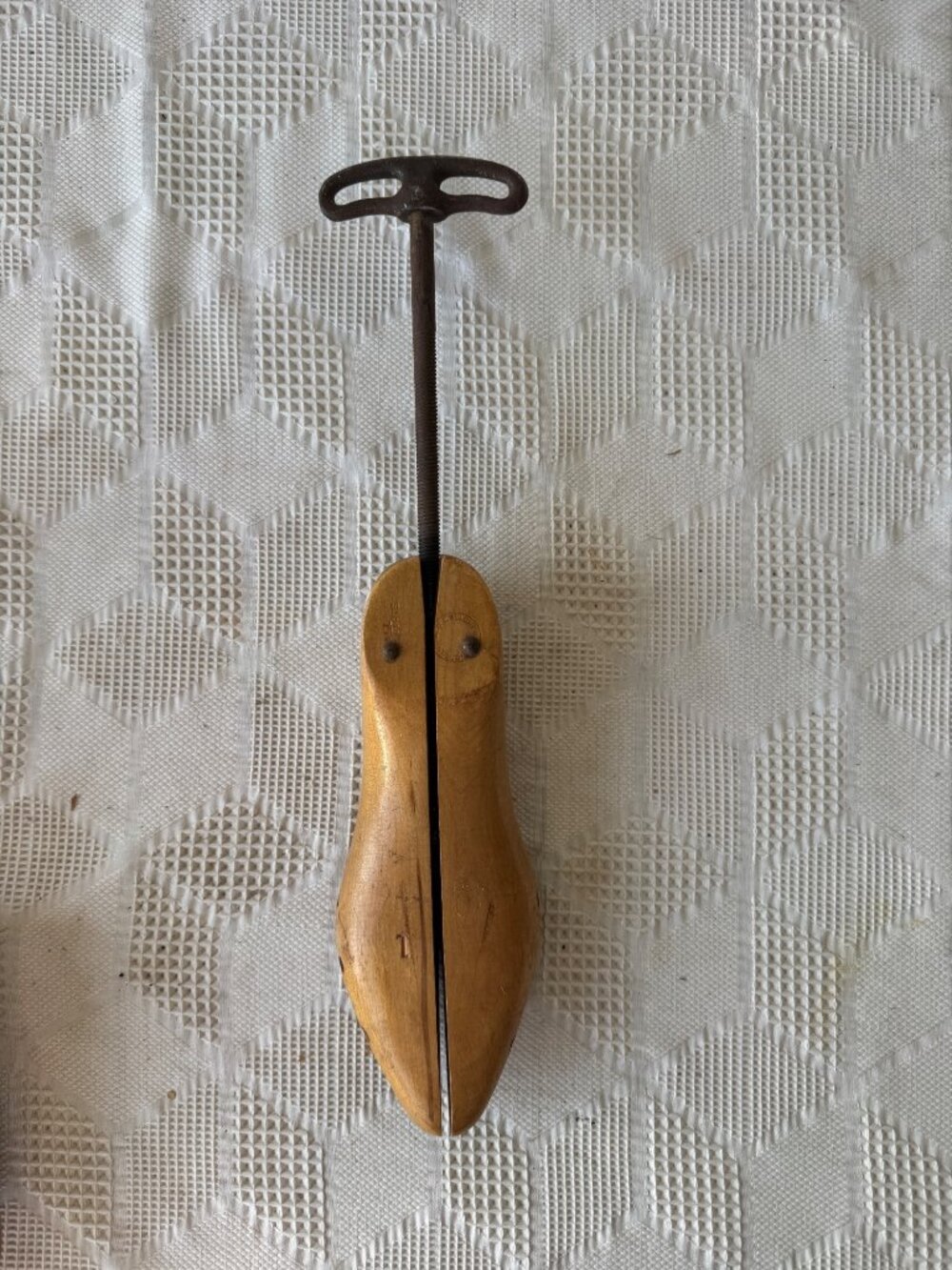 Antique Wooden Shoe Form Stretcher w Metal Handle by Geo E Belcher Adjustable